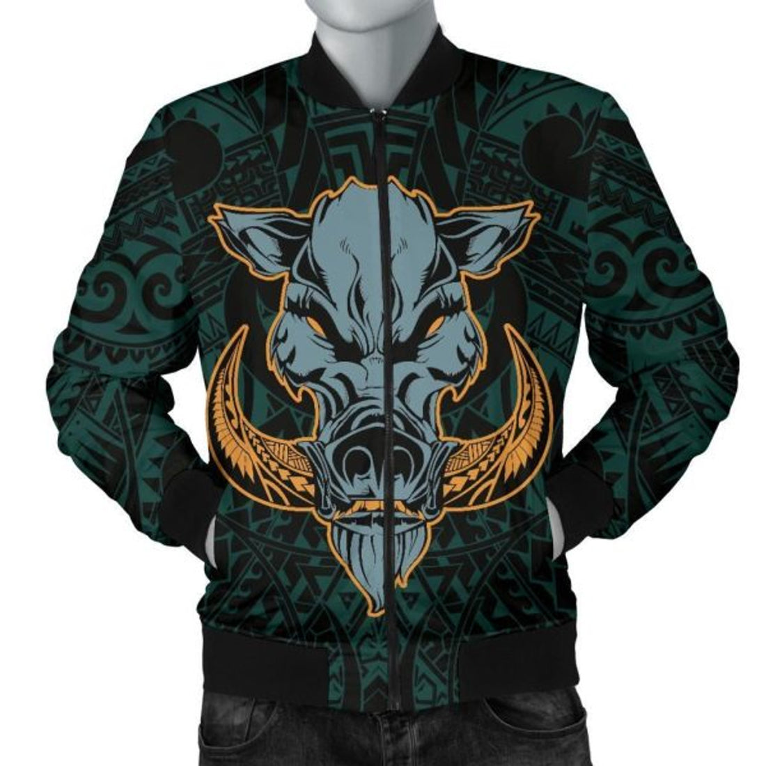 FUNSTUFFPRINT Hawaii Wild Boar Kamapua'a Men's Bomber Jacket - Turquoise - Hawaiian Mythology Style - AH - Bomber Jacket