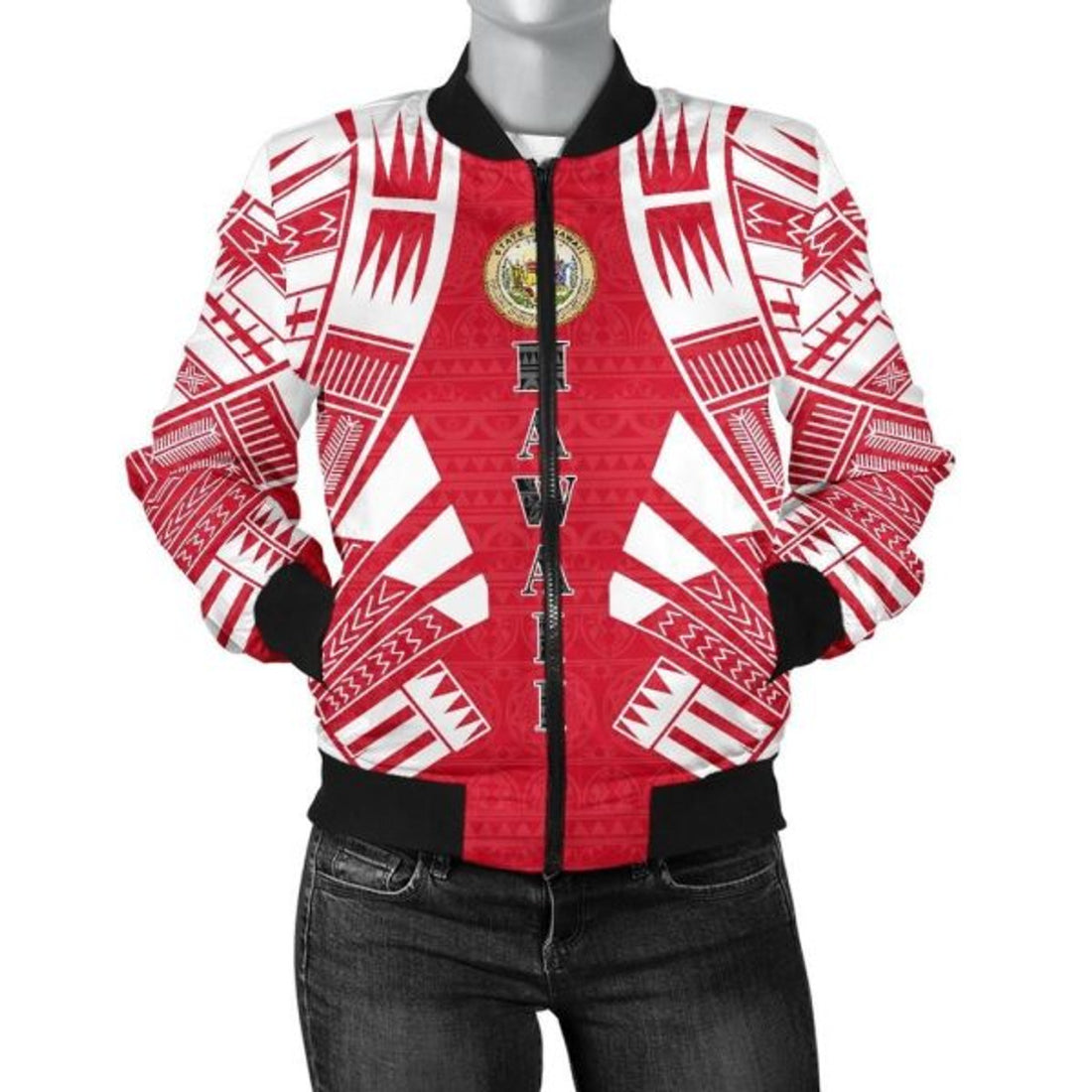 FUNSTUFFPRINT Hawaii Women Bomber Jacket - Polynesian Tattoo Flag - 10 Bomber Jacket