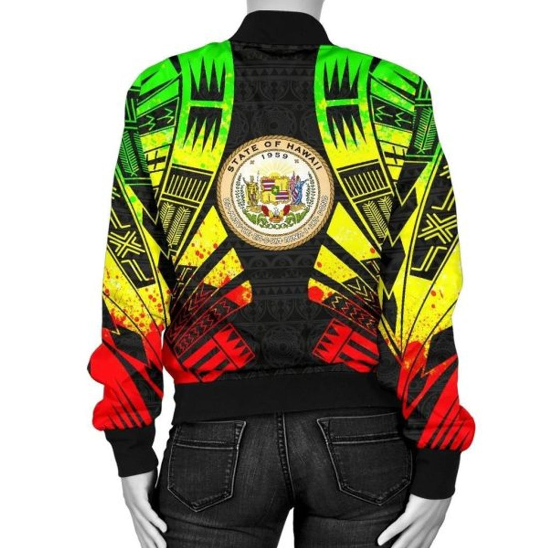 FUNSTUFFPRINT Hawaii Women Bomber Jacket - Polynesian Tattoo Reggae - 10 Bomber Jacket