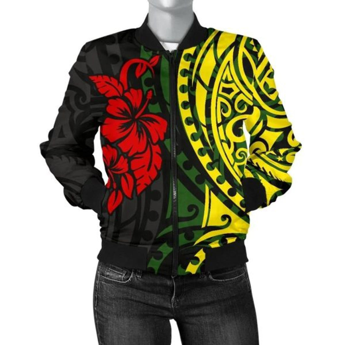 FUNSTUFFPRINT Hawaii Women's Bomber Jacket - Polynesian Patterns With Hibiscus Flowers - Bomber Jacket
