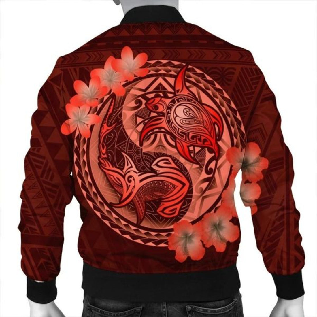FUNSTUFFPRINT Hawaii Yin Yang Turtle Shark Hibiscus Plumeria Bomber Jacket - Orange - AH - R