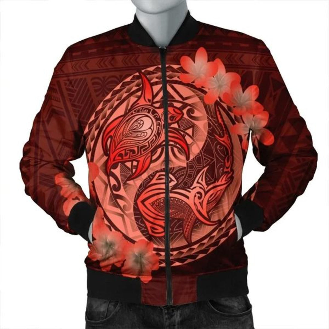 FUNSTUFFPRINT Hawaii Yin Yang Turtle Shark Hibiscus Plumeria Bomber Jacket - Orange - AH - R