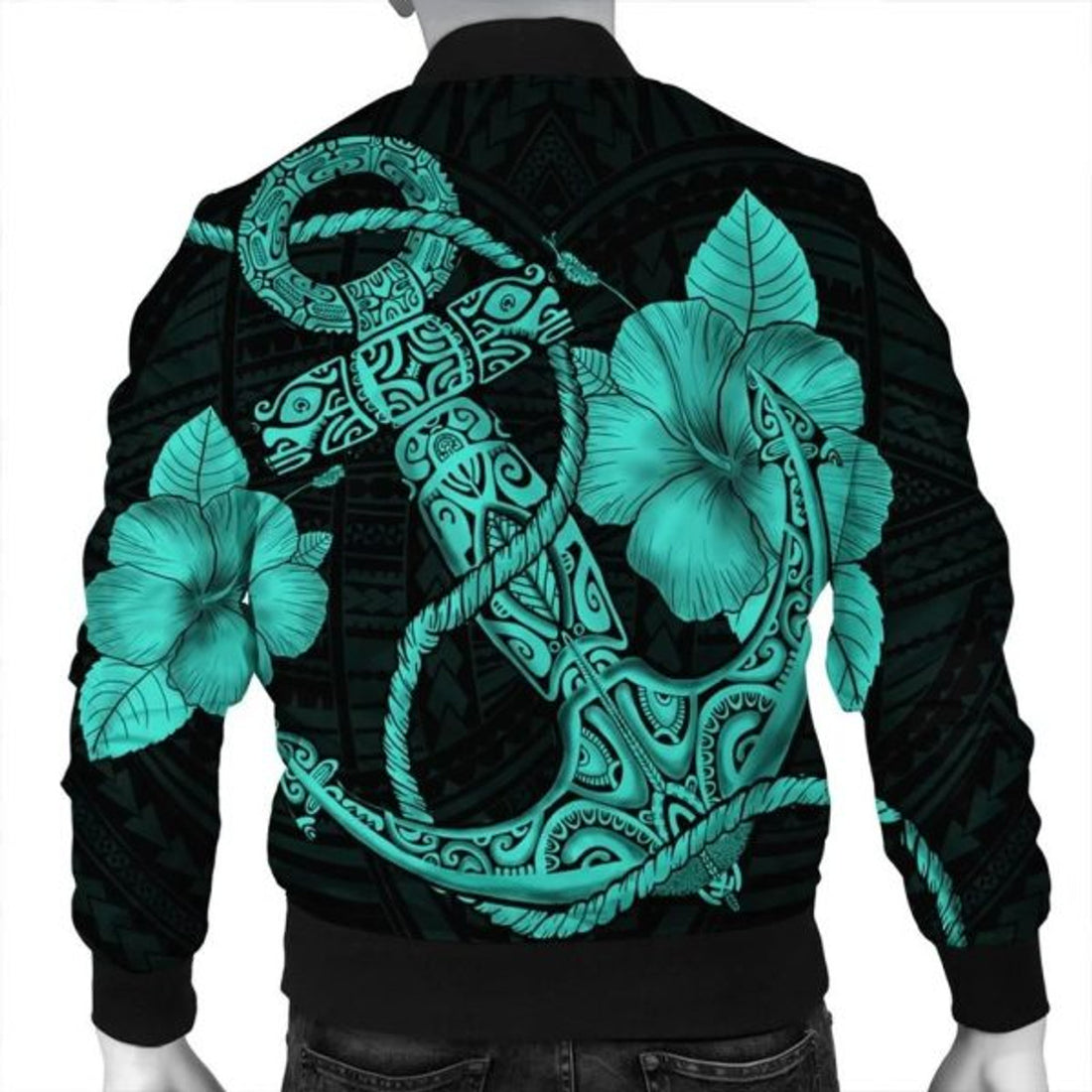 FUNSTUFFPRINT Hawaiian Anchor Poly Tribal Hibiscus Polynesian Bomber Jacket Turquoise - AH - JR Bomber Jacket