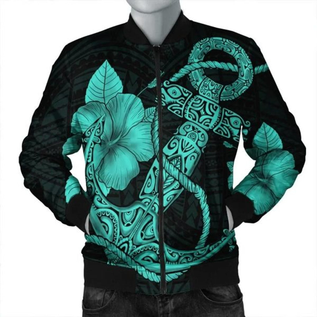 FUNSTUFFPRINT Hawaiian Anchor Poly Tribal Hibiscus Polynesian Bomber Jacket Turquoise - AH - JR Bomber Jacket