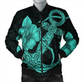 FUNSTUFFPRINT Hawaiian Anchor Poly Tribal Hibiscus Polynesian Bomber Jacket Turquoise - AH - JR Bomber Jacket