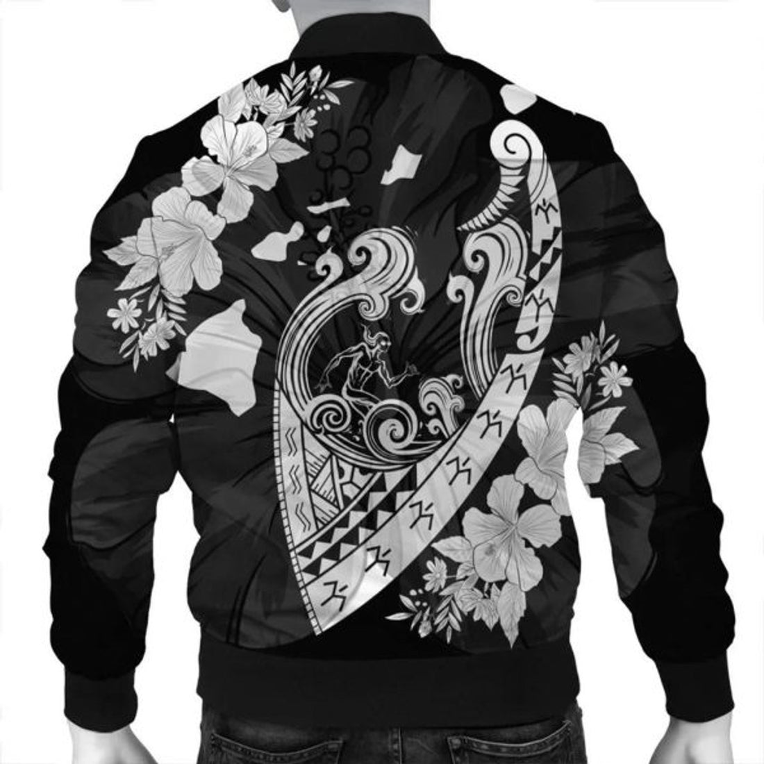 FUNSTUFFPRINT Hawaiian Fish Hook Hibiscus Banzai Surfing Polynesian Bomber Jacket - AH - R Bomber Jacket