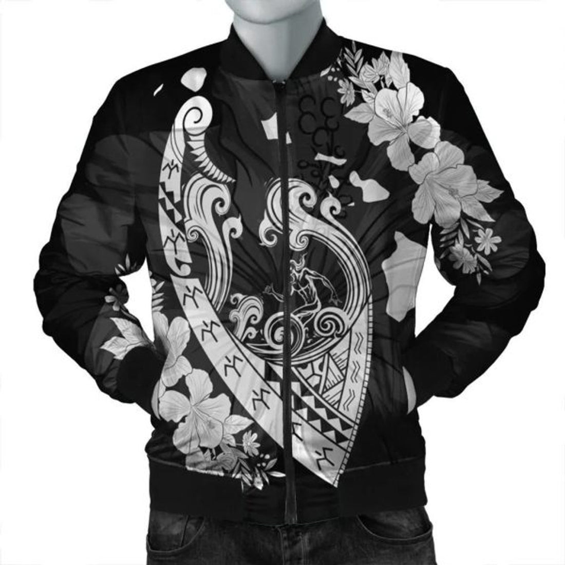 FUNSTUFFPRINT Hawaiian Fish Hook Hibiscus Banzai Surfing Polynesian Bomber Jacket - AH - R Bomber Jacket