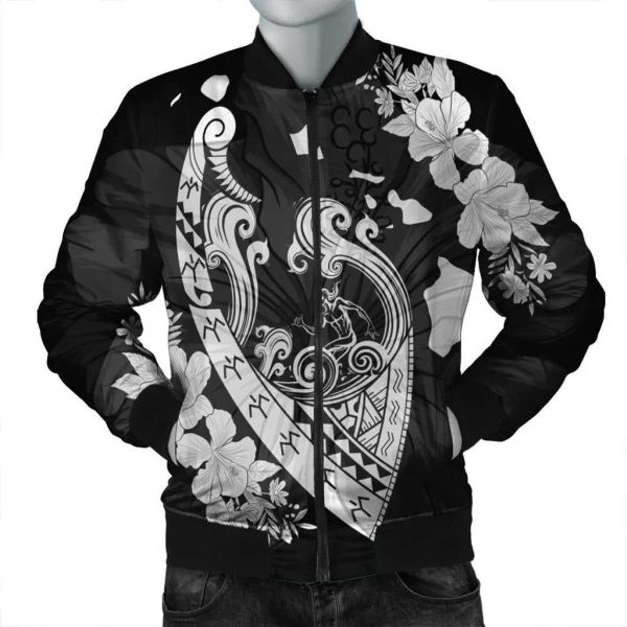FUNSTUFFPRINT Hawaiian Fish Hook Hibiscus Banzai Surfing Polynesian Bomber Jacket - AH - R Bomber Jacket