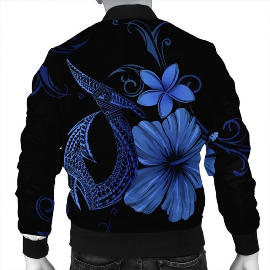 FUNSTUFFPRINT Hawaiian Fish Hook Hibiscus Plumeria Polynesian Bomber Jacket - Blue - AH - R Bomber Jacket