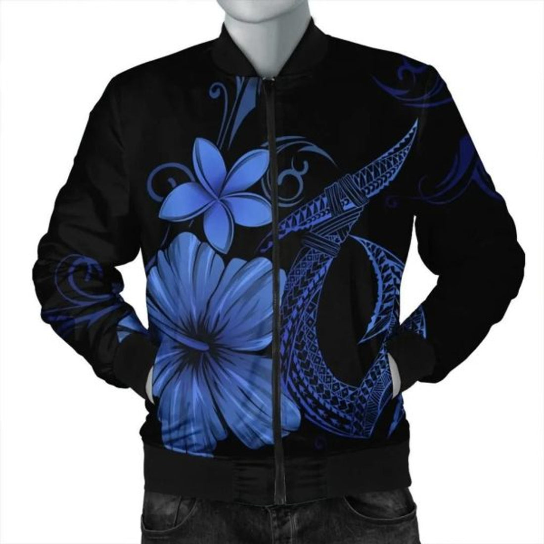 FUNSTUFFPRINT Hawaiian Fish Hook Hibiscus Plumeria Polynesian Bomber Jacket - Blue - AH - R Bomber Jacket