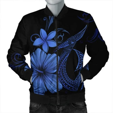 FUNSTUFFPRINT Hawaiian Fish Hook Hibiscus Plumeria Polynesian Bomber Jacket - Blue - AH - R Bomber Jacket