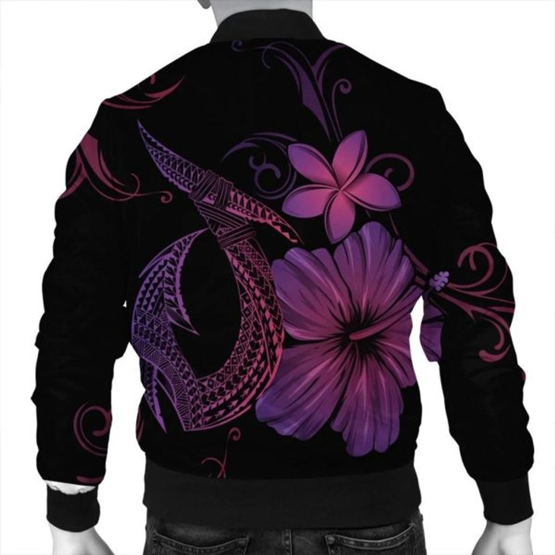 FUNSTUFFPRINT Hawaiian Fish Hook Hibiscus Plumeria Polynesian Bomber Jacket - Pink - AH - R Bomber Jacket