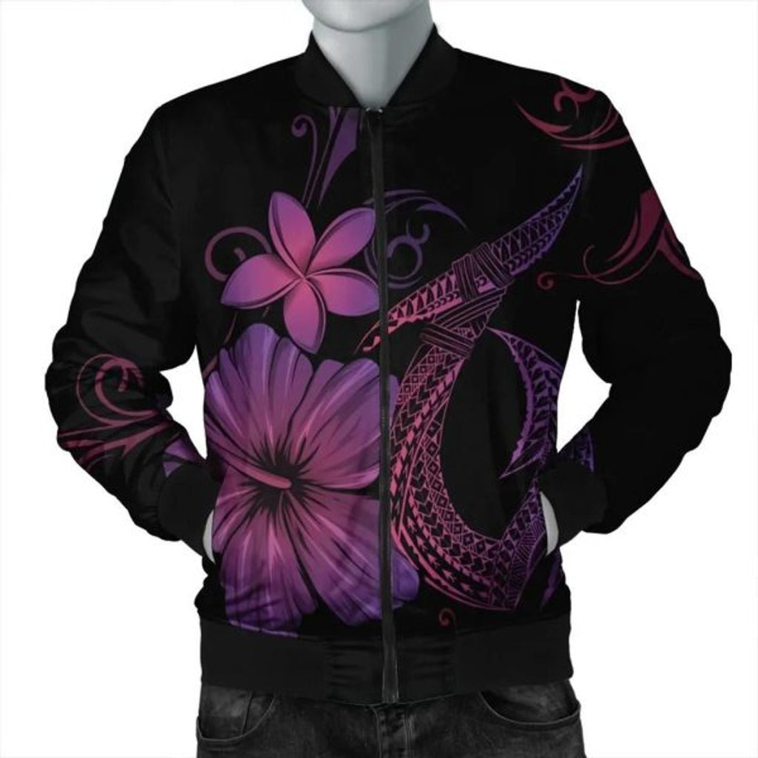 FUNSTUFFPRINT Hawaiian Fish Hook Hibiscus Plumeria Polynesian Bomber Jacket - Pink - AH - R Bomber Jacket