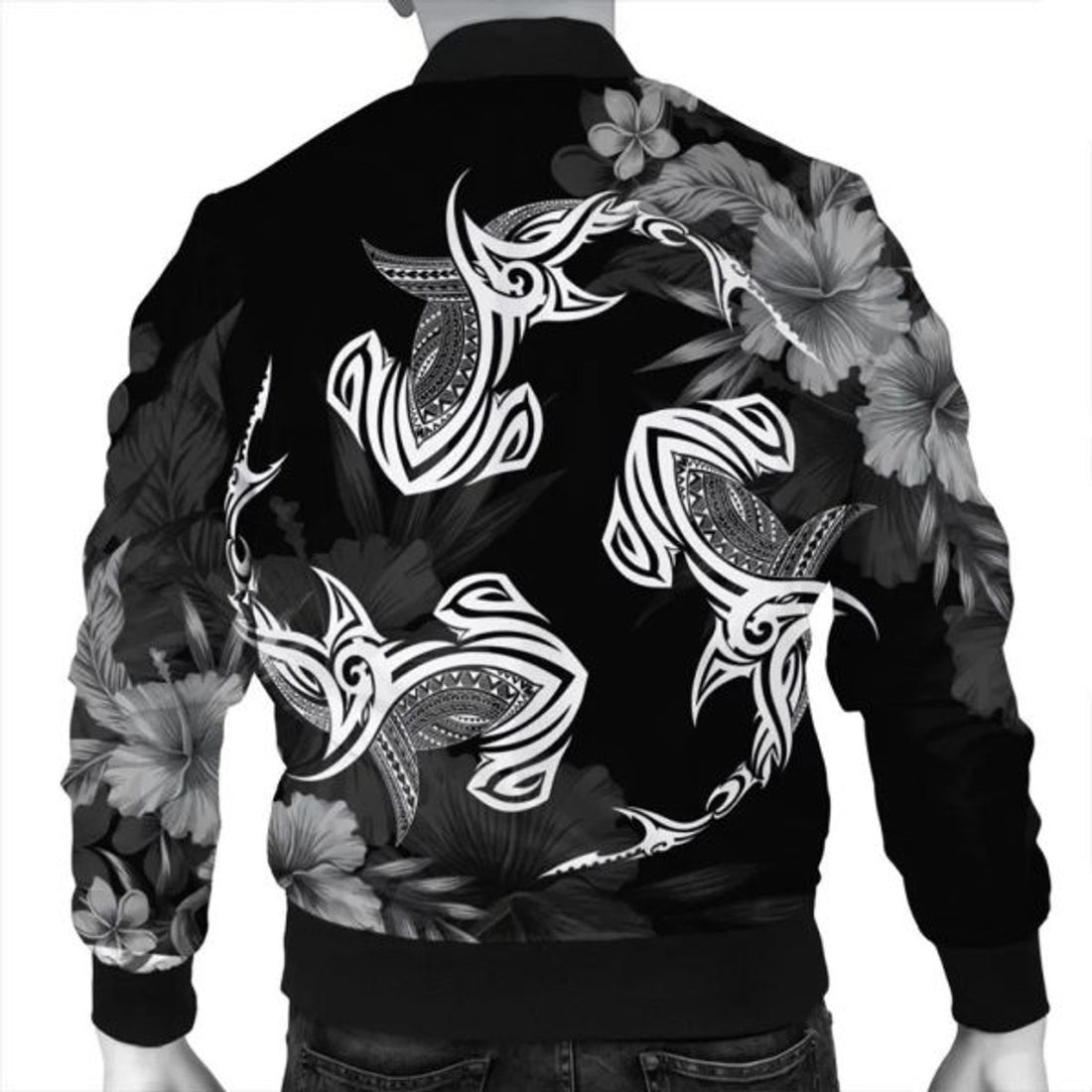 FUNSTUFFPRINT Hawaiian Hammerhead Shark Hibiscus White Polynesian Bomber Jacket - AH - R Bomber Jacket