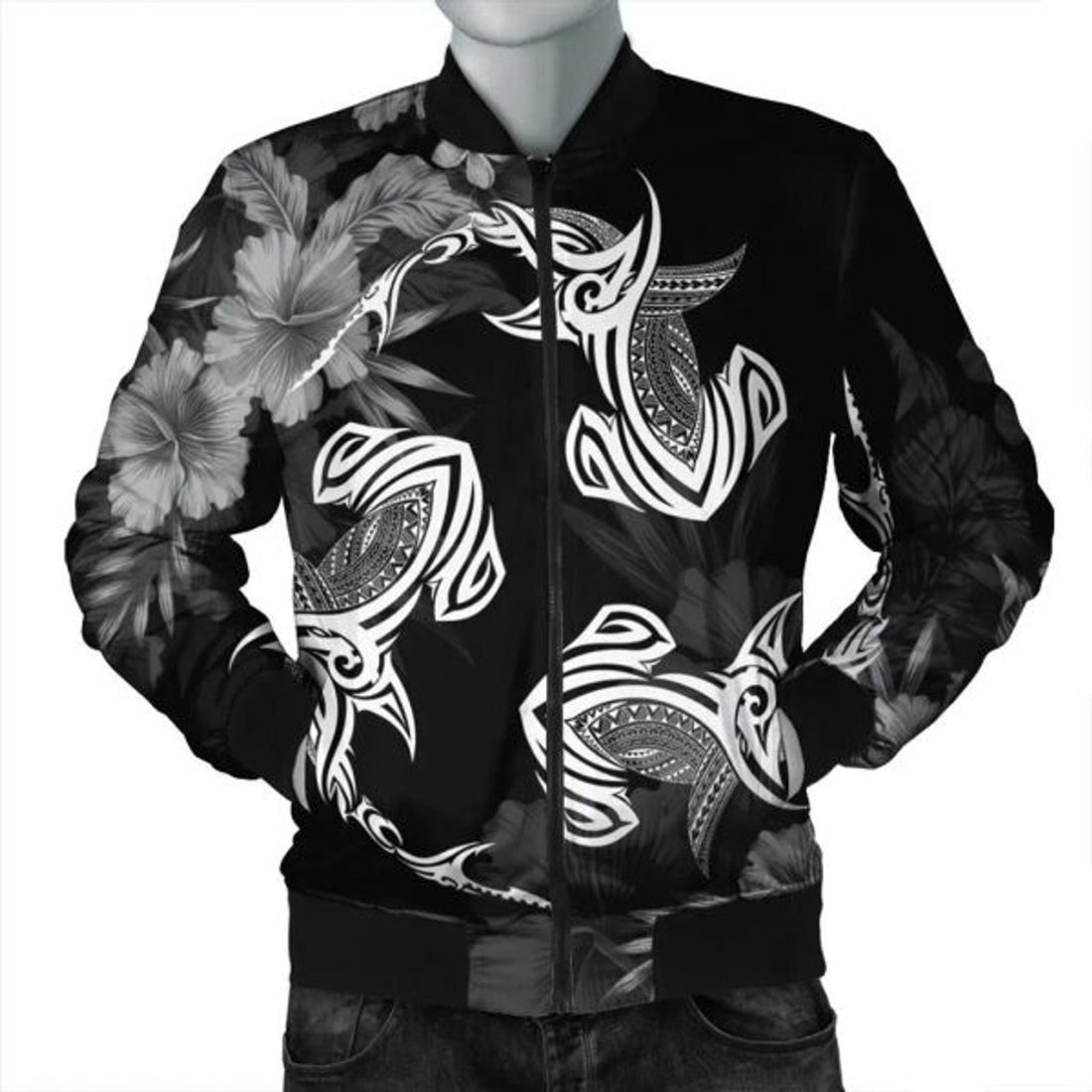 FUNSTUFFPRINT Hawaiian Hammerhead Shark Hibiscus White Polynesian Bomber Jacket - AH - R Bomber Jacket