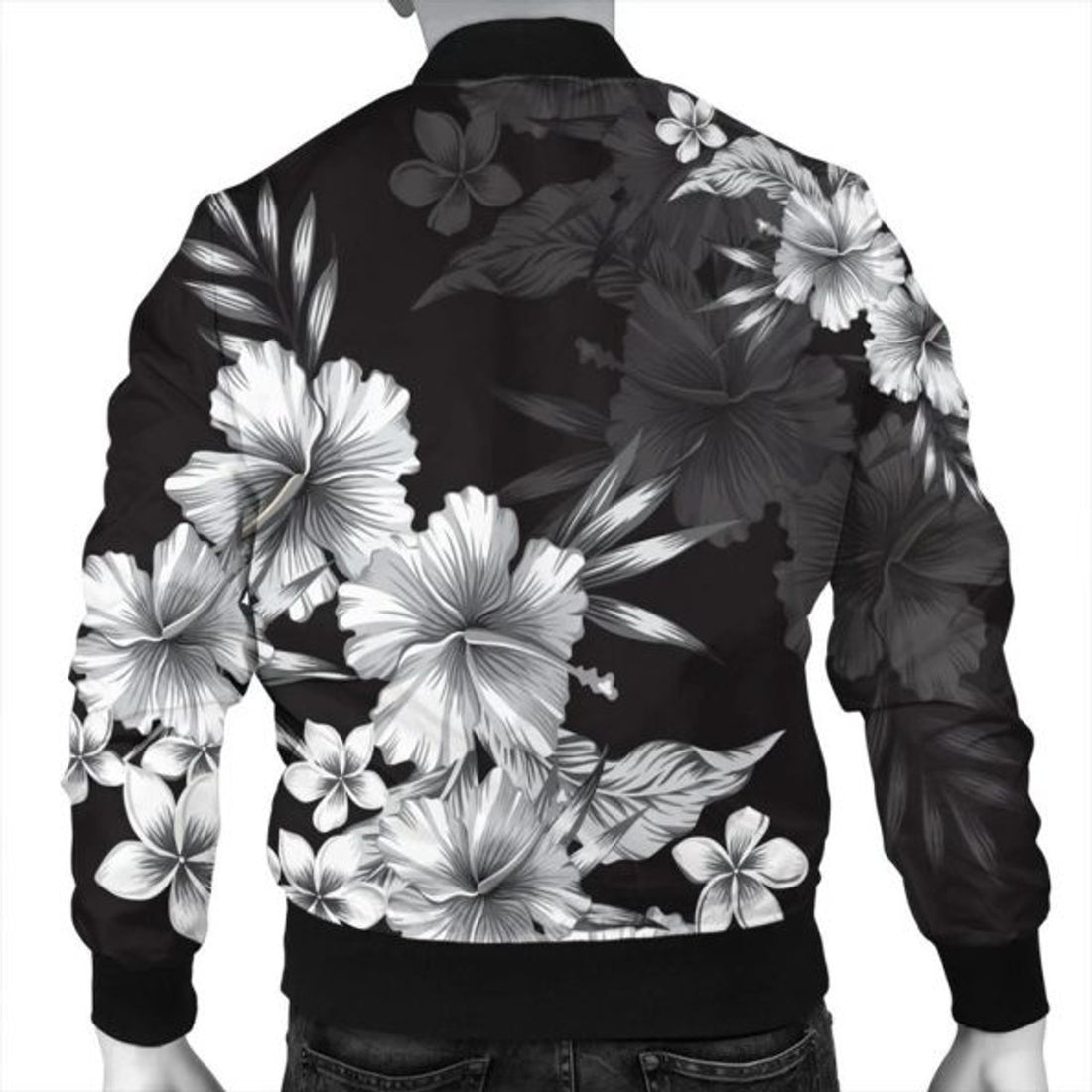 FUNSTUFFPRINT Hawaiian Hibiscus Black And White Polynesian Bomber Jacket - AH - JR Bomber Jacket