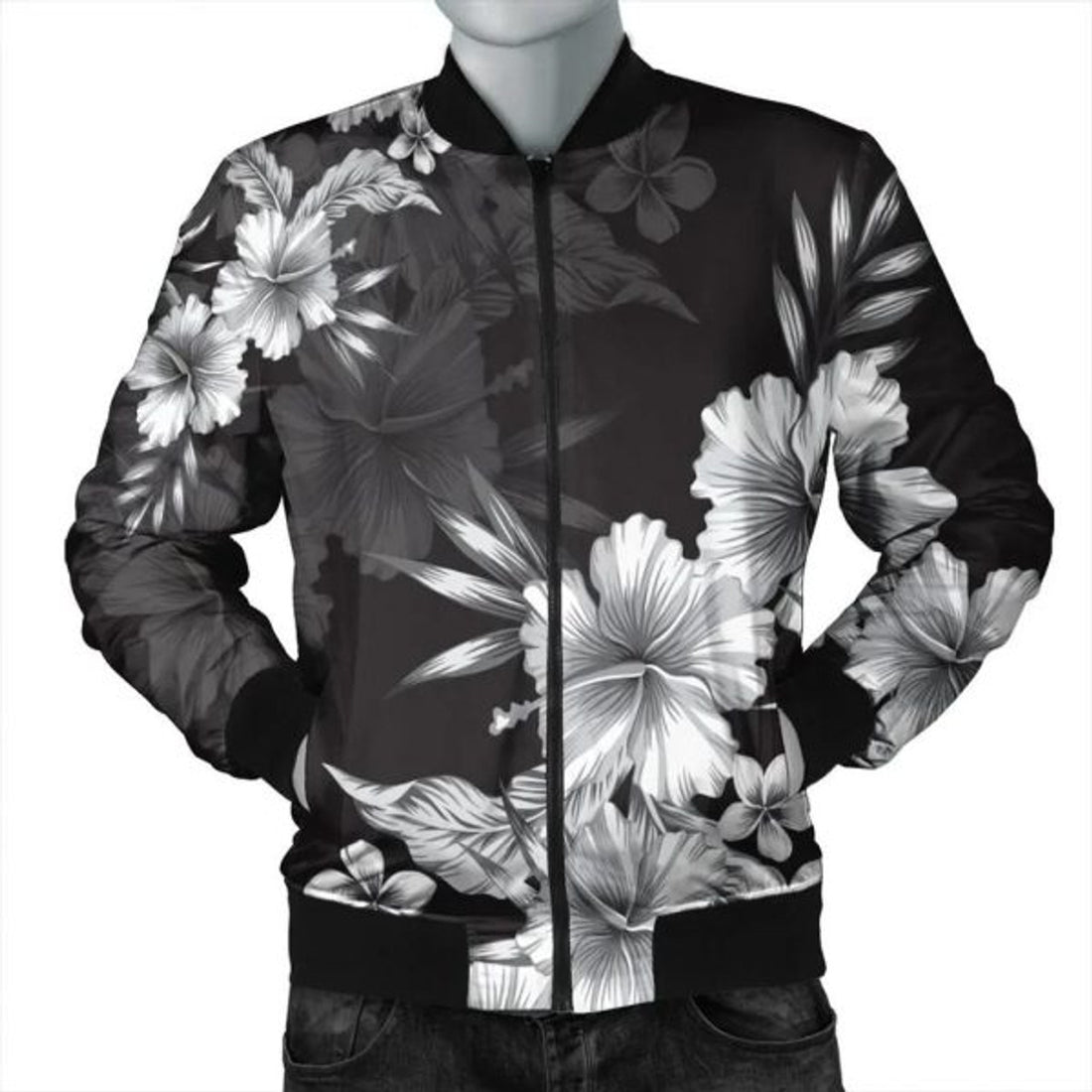 FUNSTUFFPRINT Hawaiian Hibiscus Black And White Polynesian Bomber Jacket - AH - JR Bomber Jacket
