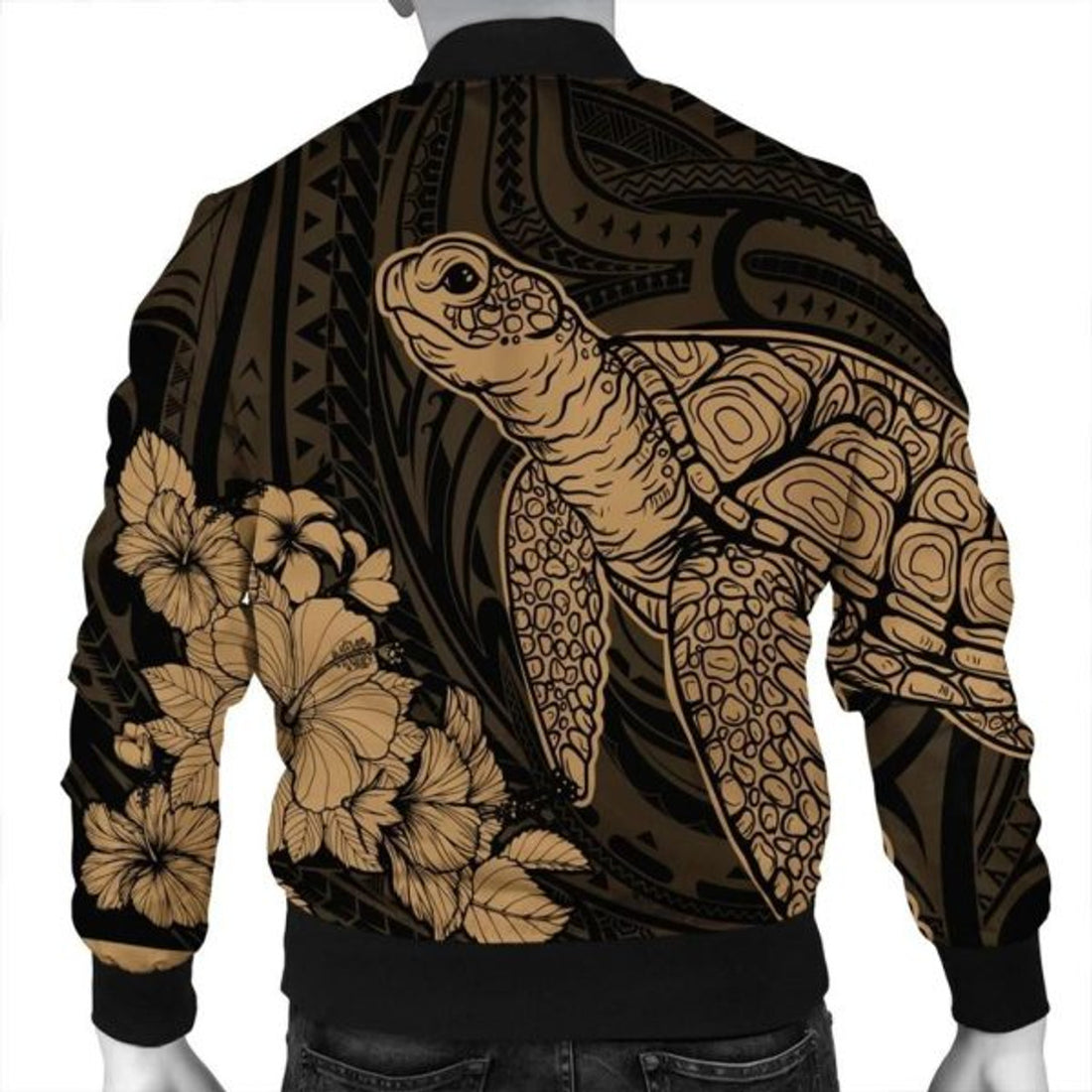 FUNSTUFFPRINT Hawaiian Hibiscus Memory Turtle Polynesian Bomber Jacket Gold - AH - JR Bomber Jacket