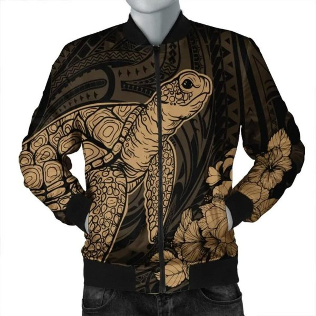 FUNSTUFFPRINT Hawaiian Hibiscus Memory Turtle Polynesian Bomber Jacket Gold - AH - JR Bomber Jacket