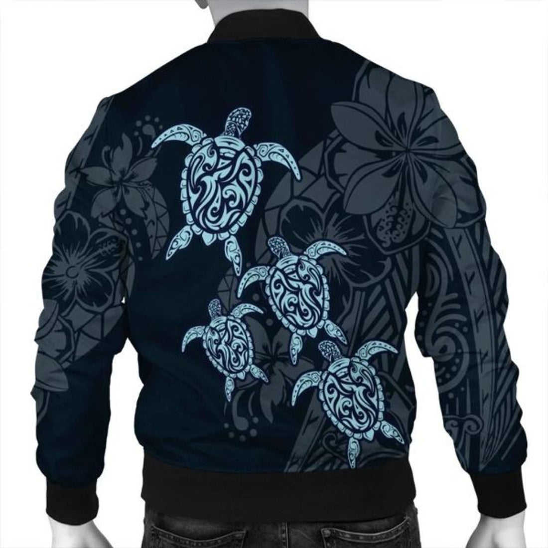 FUNSTUFFPRINT Hawaiian Hibiscus Plumeria Sea Turtle Polynesian Bomber Jacket - AH - JR