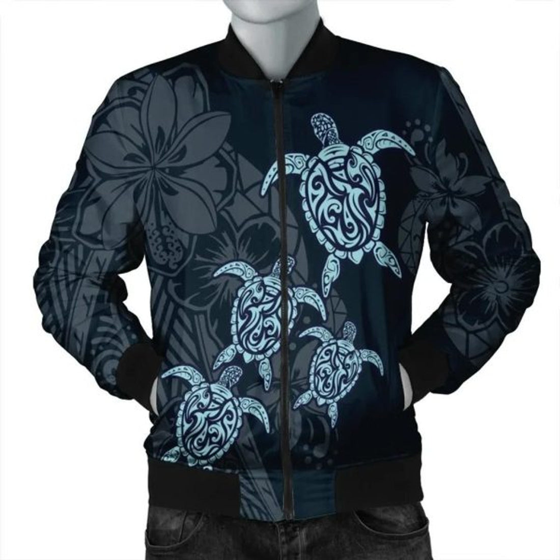 FUNSTUFFPRINT Hawaiian Hibiscus Plumeria Sea Turtle Polynesian Bomber Jacket - AH - JR