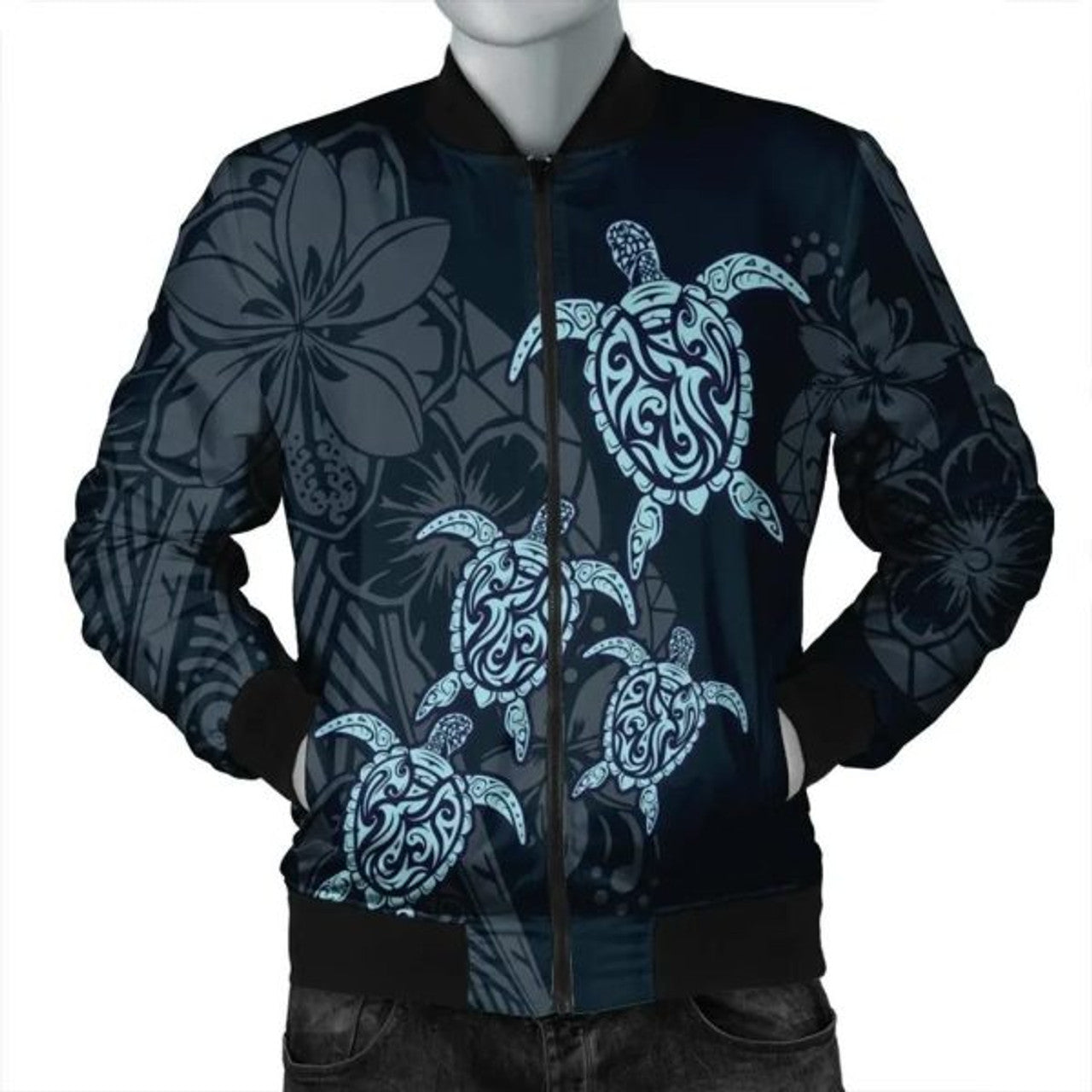 FUNSTUFFPRINT Hawaiian Hibiscus Plumeria Sea Turtle Polynesian Bomber Jacket - AH - JR
