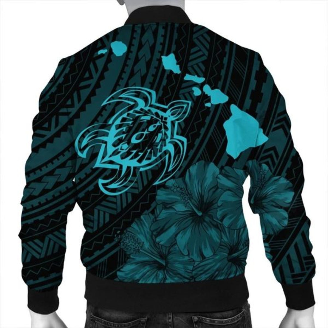 FUNSTUFFPRINT Hawaiian Hibiscus Sea Turtle Swim Polynesian Bomber Jacket - Blue - AH - R Bomber Jacket