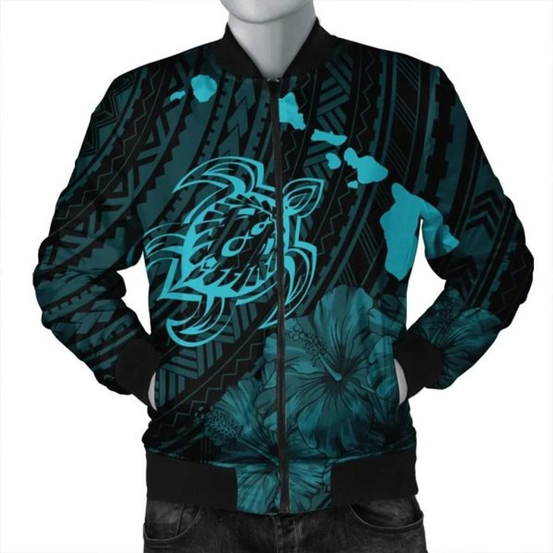 FUNSTUFFPRINT Hawaiian Hibiscus Sea Turtle Swim Polynesian Bomber Jacket - Blue - AH - R Bomber Jacket