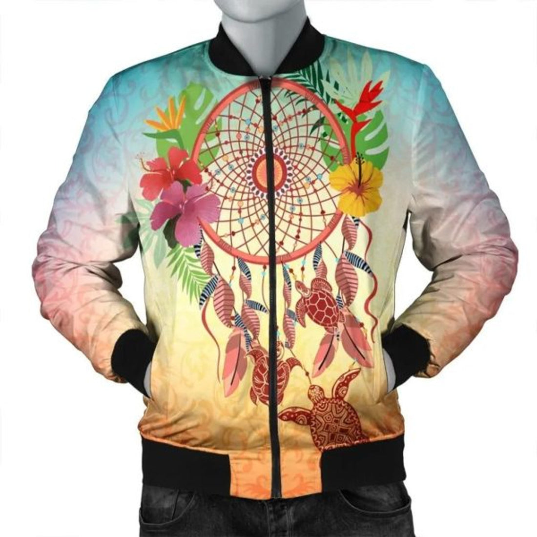 FUNSTUFFPRINT Hawaiian Hibiscus Strelitzia Flower Dreamcatcher Bomber Jacket - AH - JR Bomber Jacket