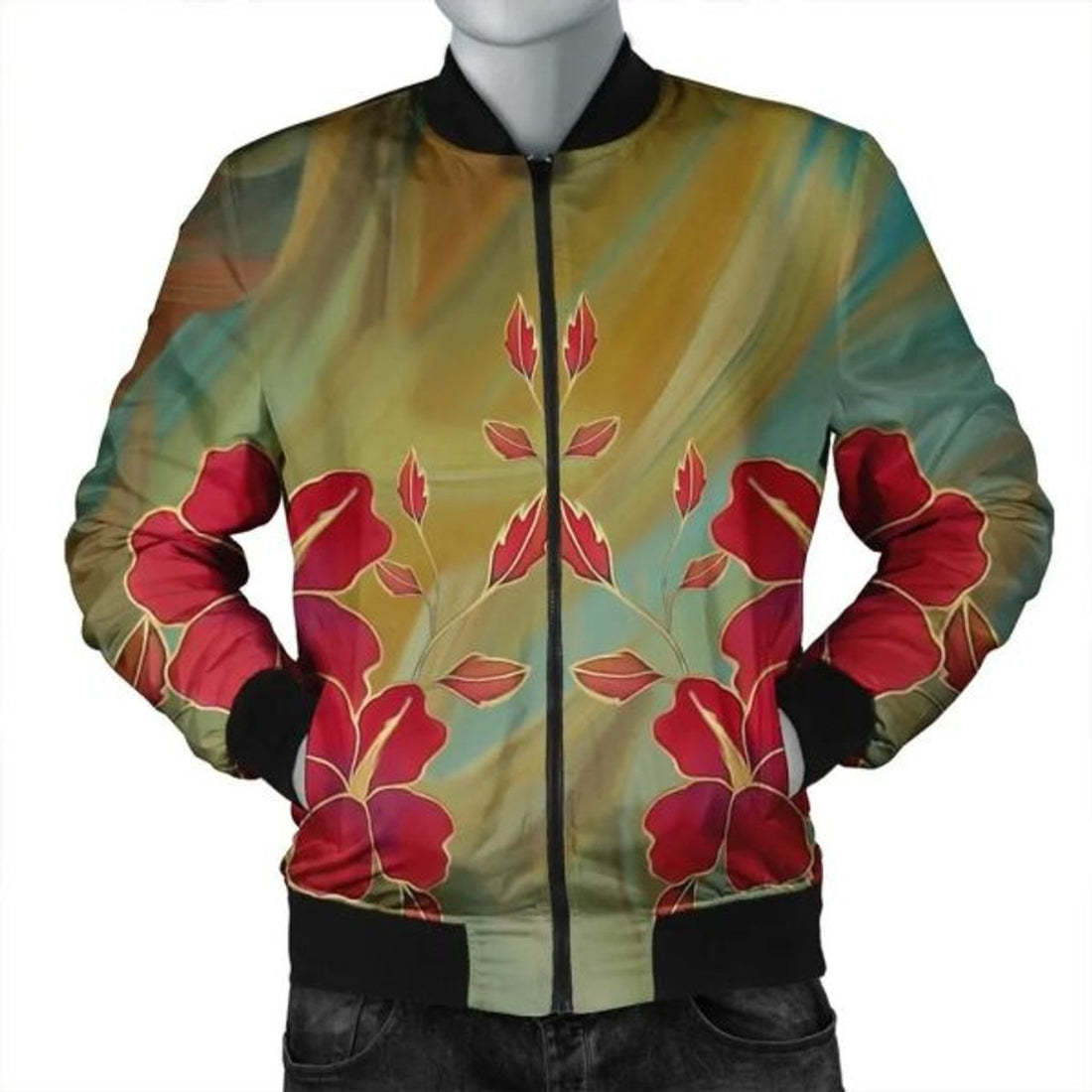 FUNSTUFFPRINT Hawaiian Hibiscus Water Color Bomber Jacket - AH - JR Bomber Jacket