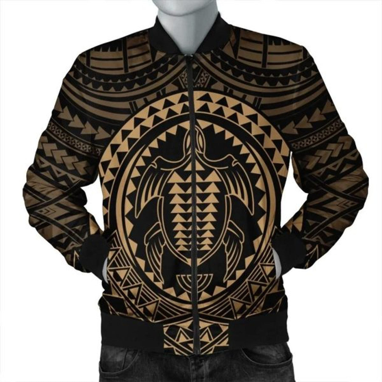FUNSTUFFPRINT Hawaiian Kakau Honu Arc Polynesian Gold Bomber Jacket - AH - JGR Bomber Jacket