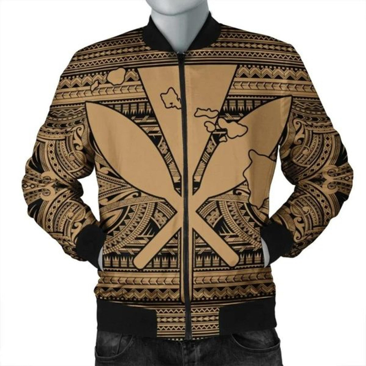 FUNSTUFFPRINT Hawaiian Kanaka Polynesian Tribal Bomber Jacket Reggae