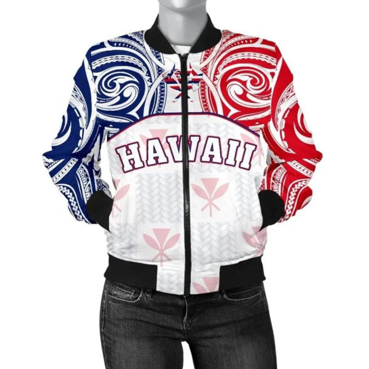 FUNSTUFFPRINT Hawaiian Kanaka Women's Bomber Jacket Flag Nation Demodern White AH Bomber Jacket