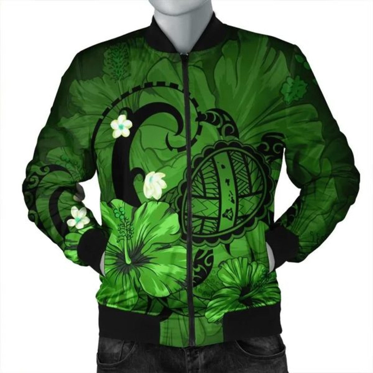 FUNSTUFFPRINT Hawaiian Map Big Turtle Hibiscus Plumeria Tribal Polynesian Bomber Jacket