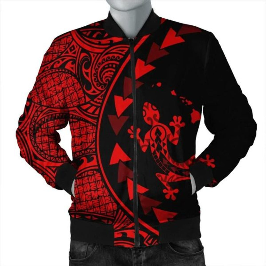 FUNSTUFFPRINT Hawaiian Map Gecko Tattoo Kakau Polynesian Bomber Jacket