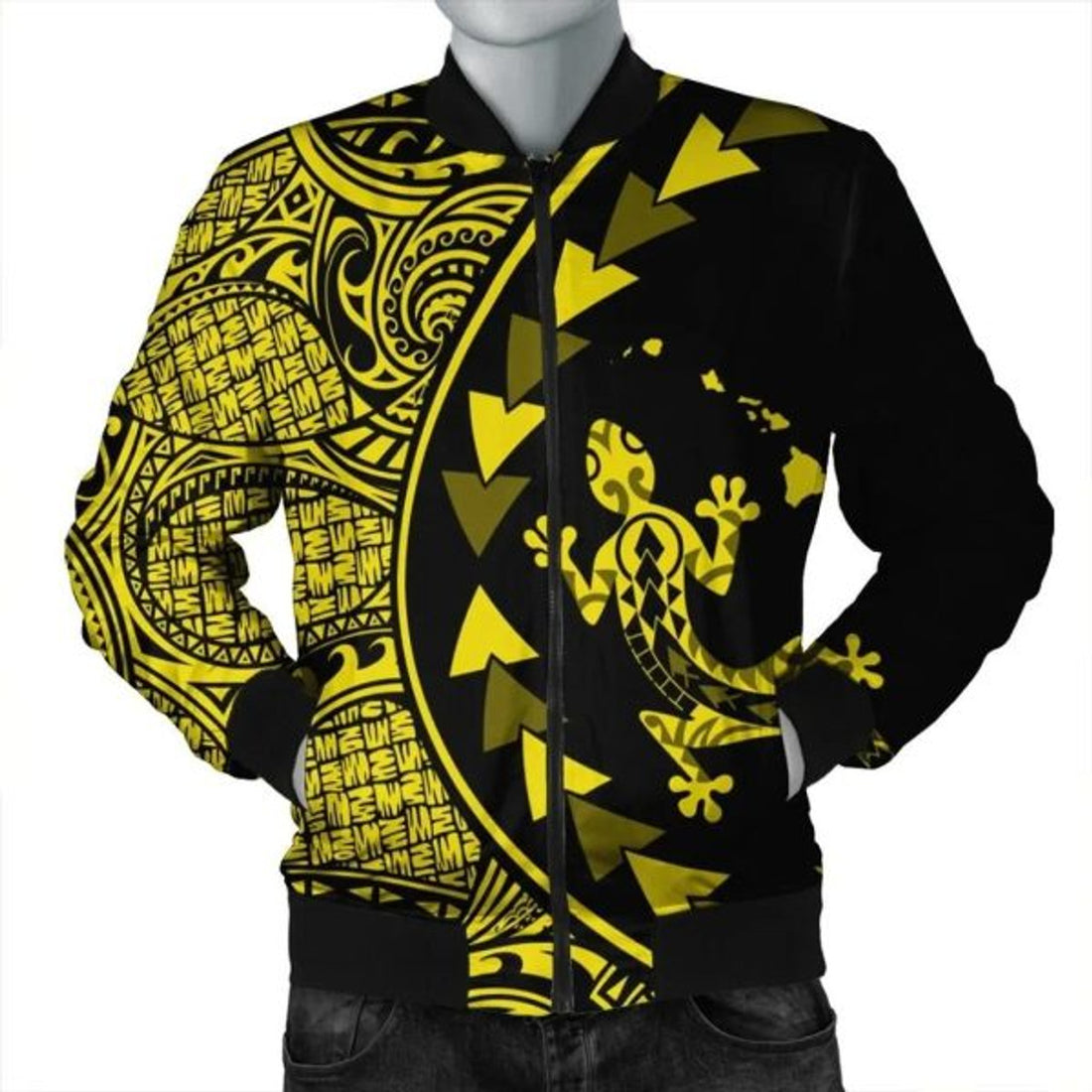 FUNSTUFFPRINT Hawaiian Map Gecko Tattoo Kakau Polynesian Bomber Jacket