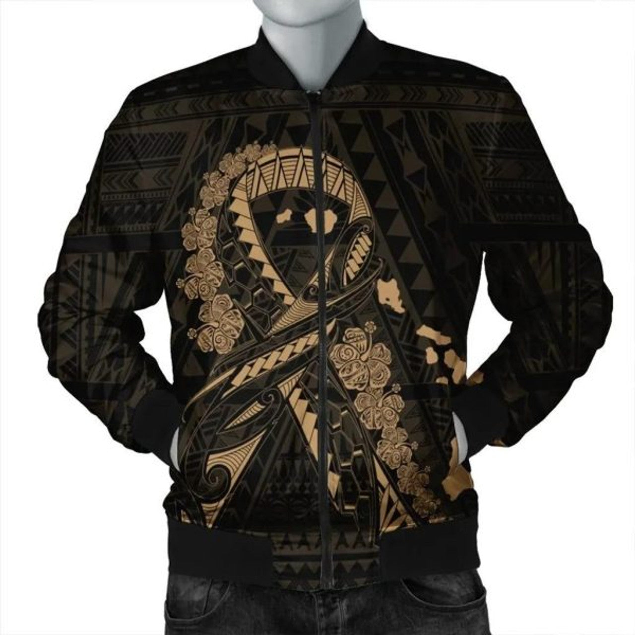 FUNSTUFFPRINT Hawaiian Map Heart Ribbon Cancer Hibiscus Polynesian Bomber Jacket