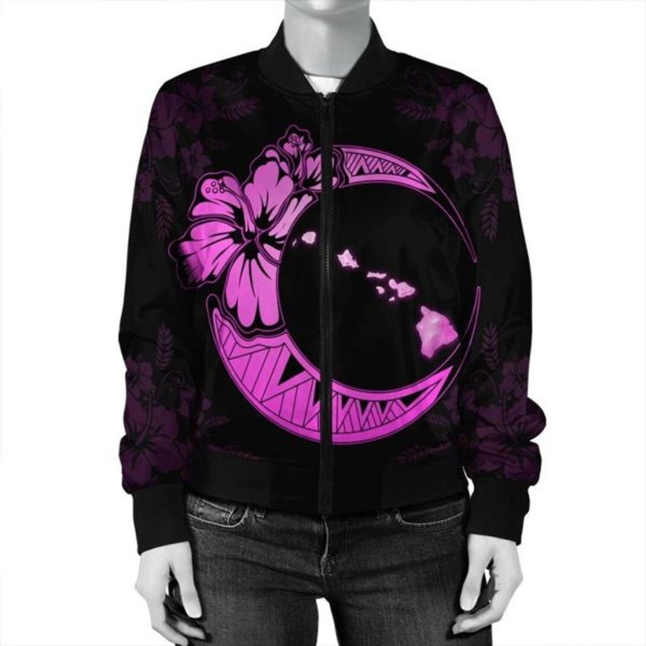 FUNSTUFFPRINT Hawaiian Map Hibiscus Turtle Polynesian Moon Bomber Jacket