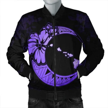 FUNSTUFFPRINT Hawaiian Map Hibiscus Turtle Polynesian Moon Bomber Jacket Purple - AH - JR Bomber Jacket