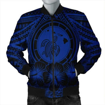 FUNSTUFFPRINT Hawaiian Map Honu Hibiscus Tropic Blue Polynesian Bomber Jacket - AH - JGR Bomber Jacket