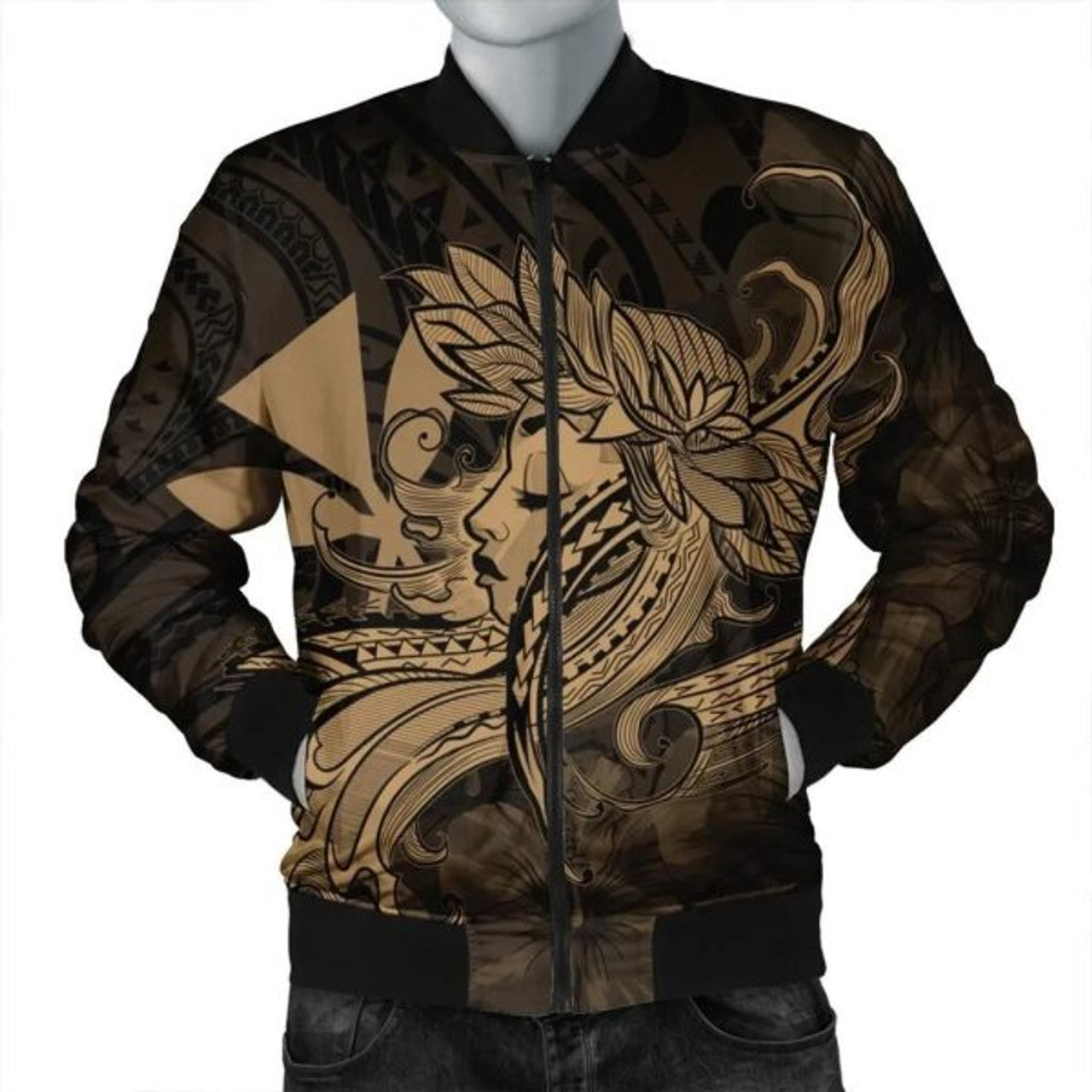 FUNSTUFFPRINT Hawaiian Map Hula Girl Hibiscus Kanaka Polynesian Bomber Jacket - Gold - AH - R
