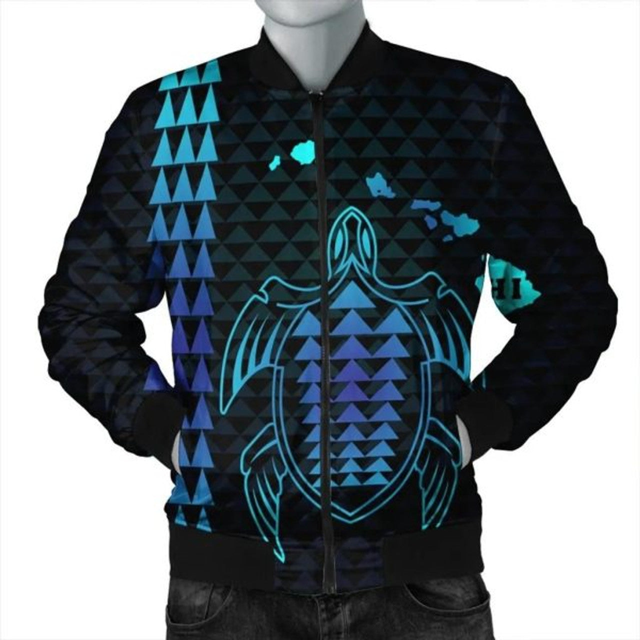 FUNSTUFFPRINT Hawaiian Map Kakau Turtle Polynesian Bomber Jacket - Blue - AH - R Bomber Jacket