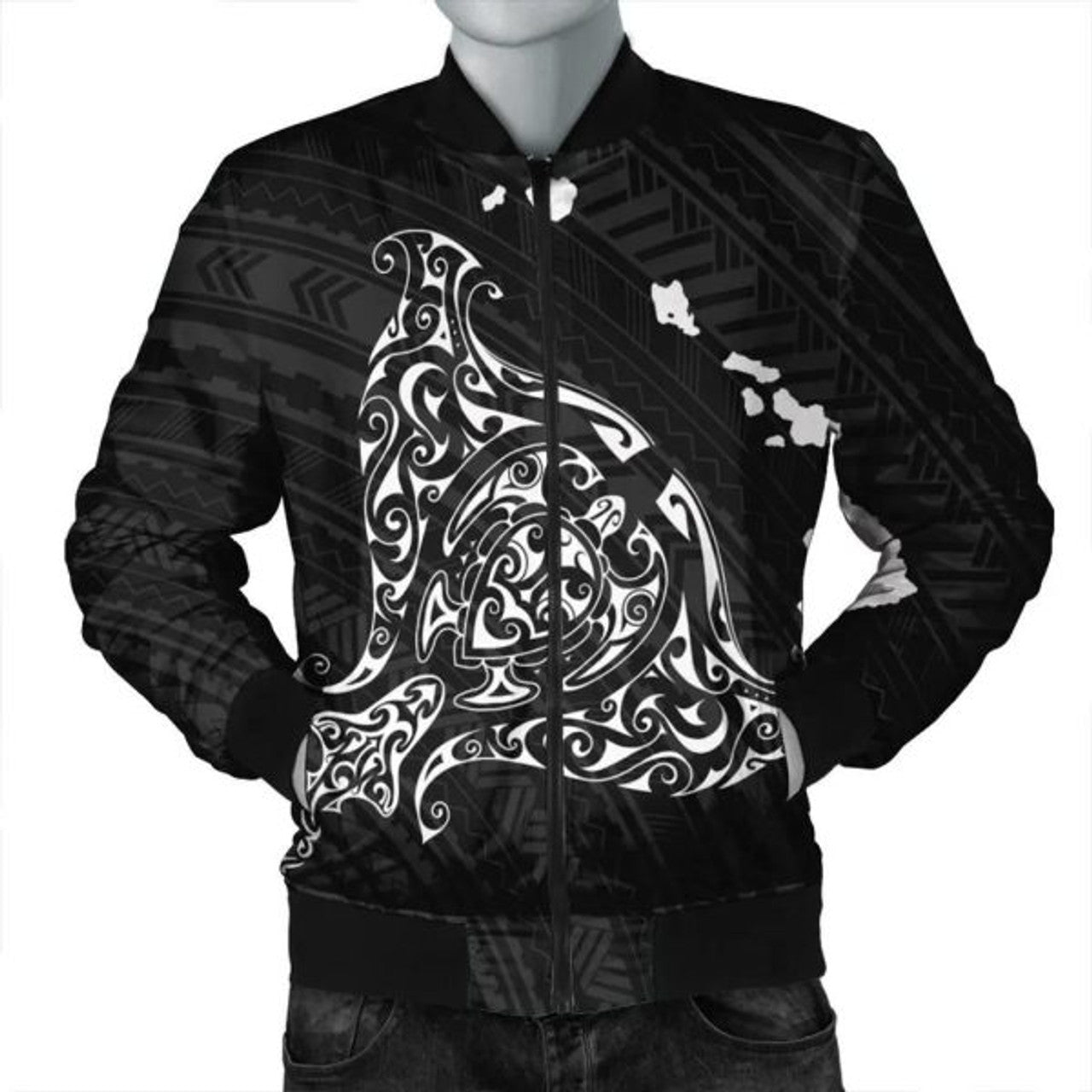 FUNSTUFFPRINT Hawaiian Map Manta Ray White Polynesian Bomber Jacket - AH - R Bomber Jacket