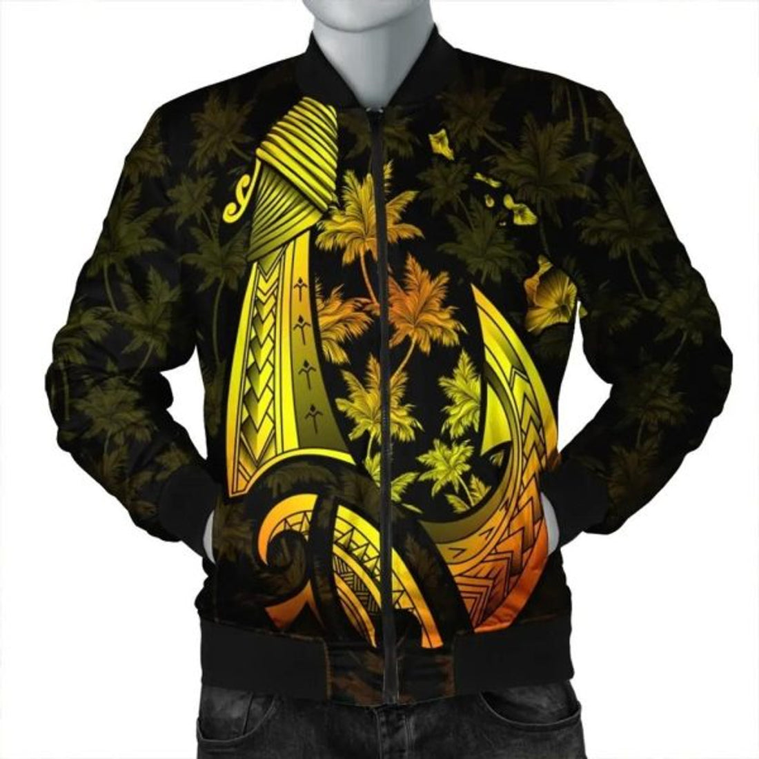 FUNSTUFFPRINT Custom Hawaiian Map Palm Trees Fish Hook Polynesian Bomber Jacket Colorful Yellow - AH - R Bomber Jacket