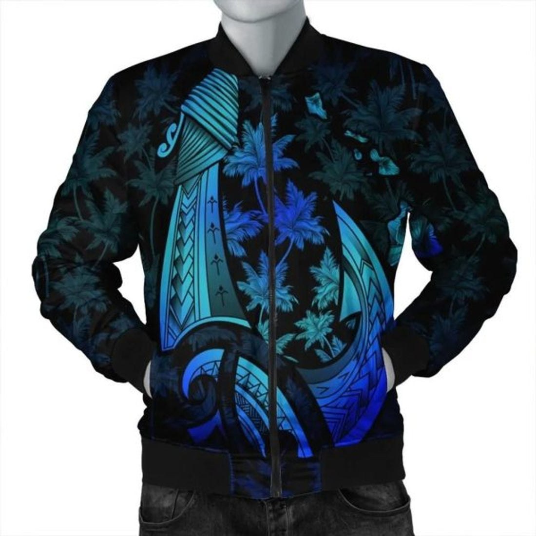 FUNSTUFFPRINT Custom Hawaiian Map Palm Trees Fish Hook Polynesian Bomber Jacket Colorful Yellow - AH - R Bomber Jacket