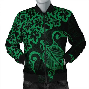 FUNSTUFFPRINT Hawaiian Map Turtle Hibiscus Kanaka Polynesian Bomber Jacket