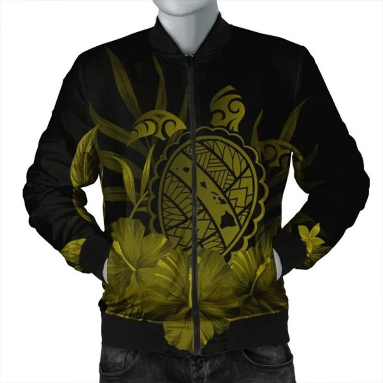 FUNSTUFFPRINT Hawaiian Map Turtle Hibiscus Polynesian Bomber Jacket