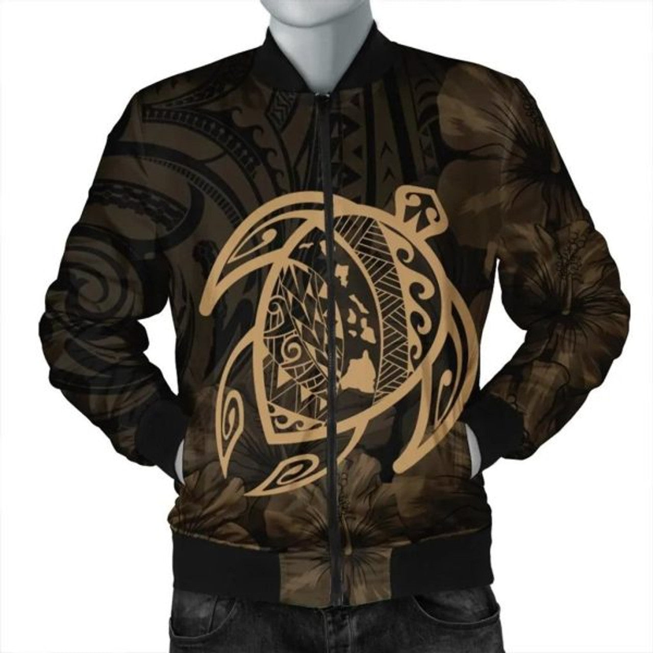 FUNSTUFFPRINT Hawaiian Map Turtle Kanaka Hibiscus Polynesian Bomber Jacket