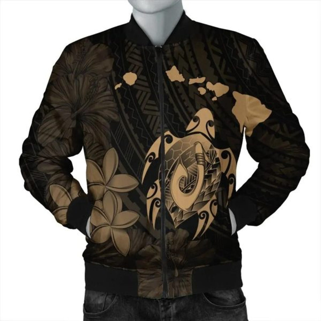 FUNSTUFFPRINT Hawaiian Map Turtle Plumeria Hibiscus Fish Hook Polynesian Bomber Jacket - AH - R Bomber Jacket