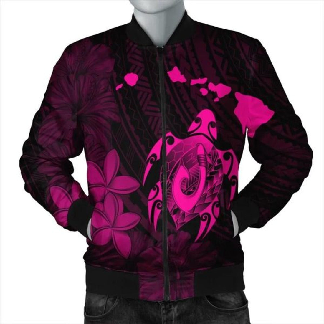 FUNSTUFFPRINT Hawaiian Map Turtle Plumeria Hibiscus Fish Hook Polynesian Bomber Jacket - AH - R Bomber Jacket